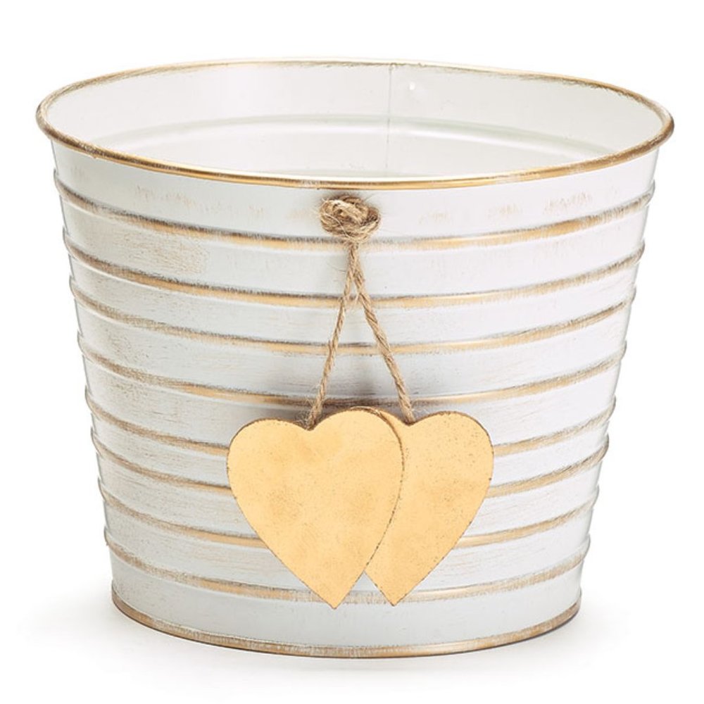 6" Tin Pot Cover w/ Gold Stripe & Heart Wood Dangle, PVC Liner Burton & Burton